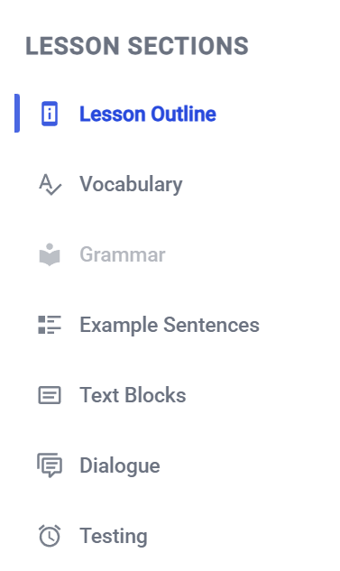 Lesson Sections navigation panel showing links for Outline, Vocabulary, Grammar, etc.